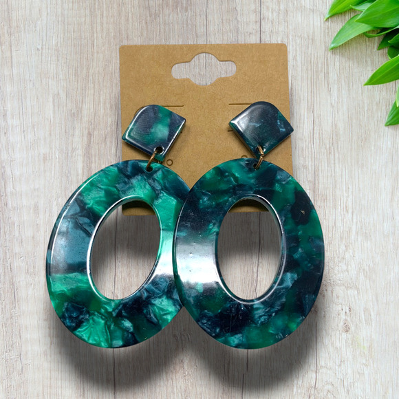 Vintage Y2K Oversized Green Marbled Acrylic Dangle Earrings Pierced Avant Garde - Picture 4 of 5